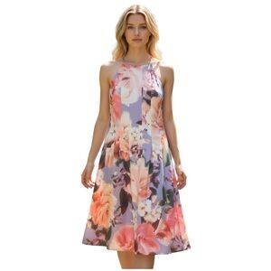 Vince Camuto Printed Scuba Fit & Flare Dress, Pockets, Floral Colors,‎ Size 8